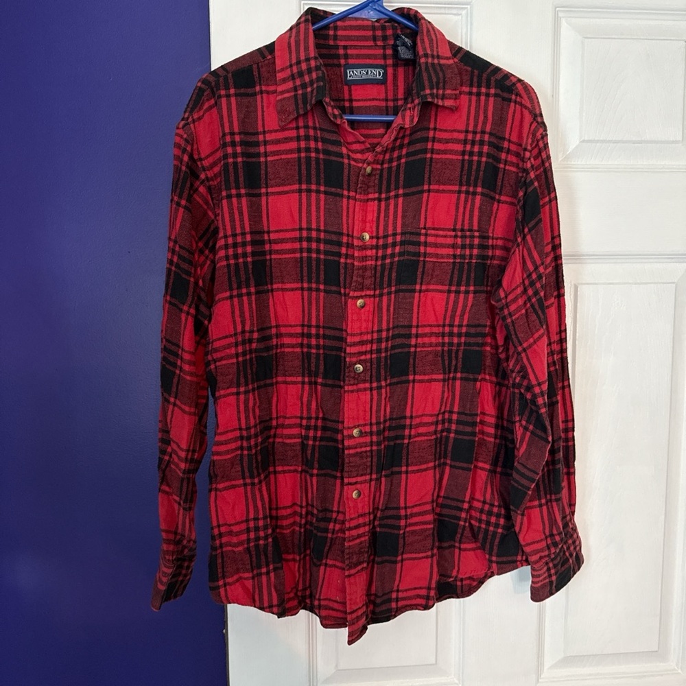 Lands' End Red and Black Plaid Casual Shirt